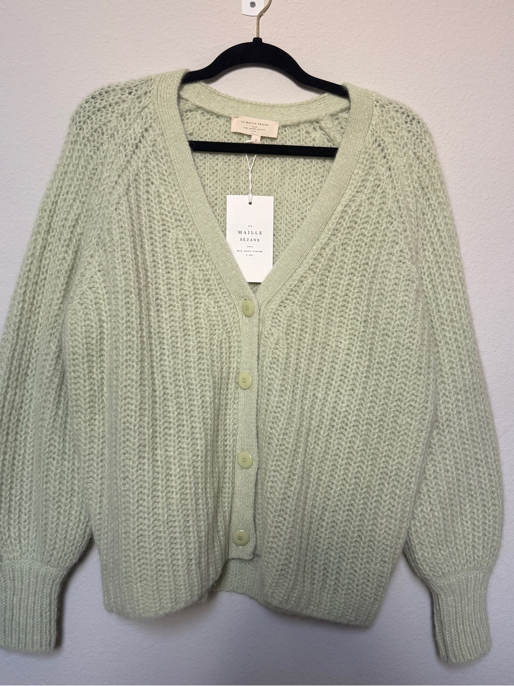Sezane Alpaca Soft Mint Green Ribbed Button Basile Cardigan - Picture 2 of 8